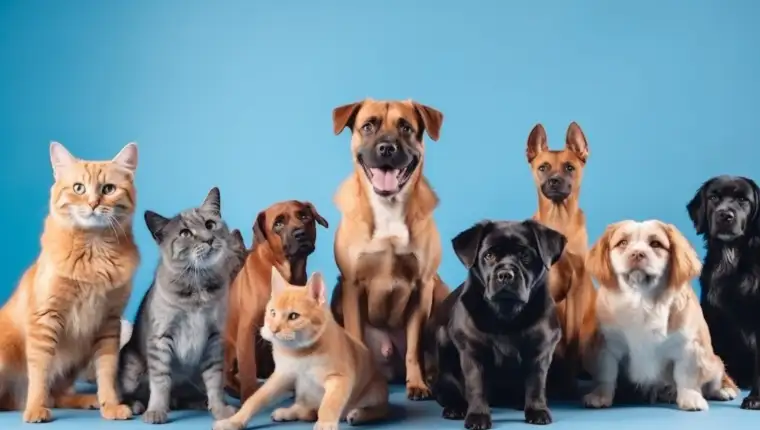 Large group of cats and dogs looking at the camera on blue background