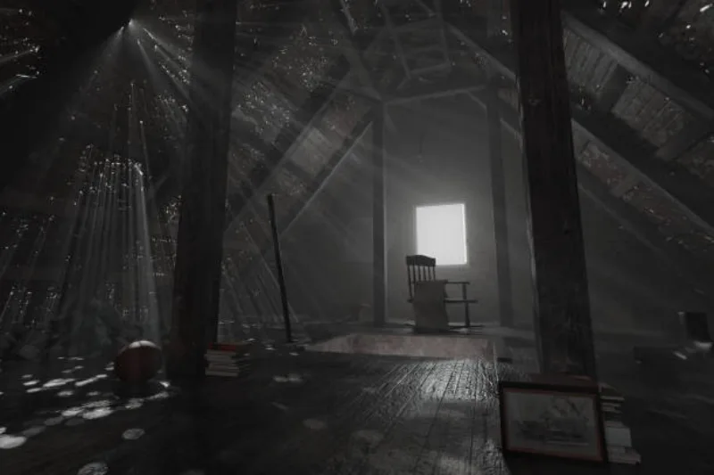 3d rendering of darken empty attic with aged stuff and light rays through holes