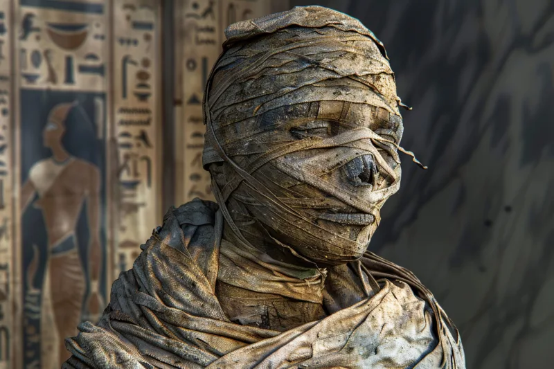 Scary sinister mummy wandering in street with dramatic lighting