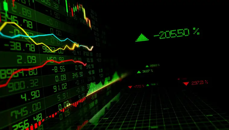 3D rendering of stock indexes in virtual space. Economic growth,