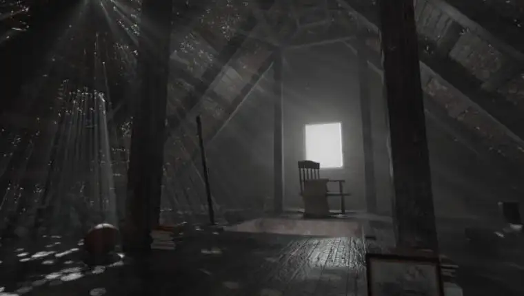 3d rendering of darken empty attic with aged stuff and light rays through holes