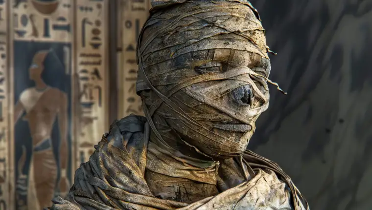 Scary sinister mummy wandering in street with dramatic lighting