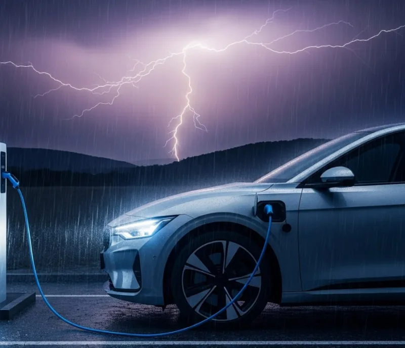 punjenje električnog auta dok grmi i sijeva