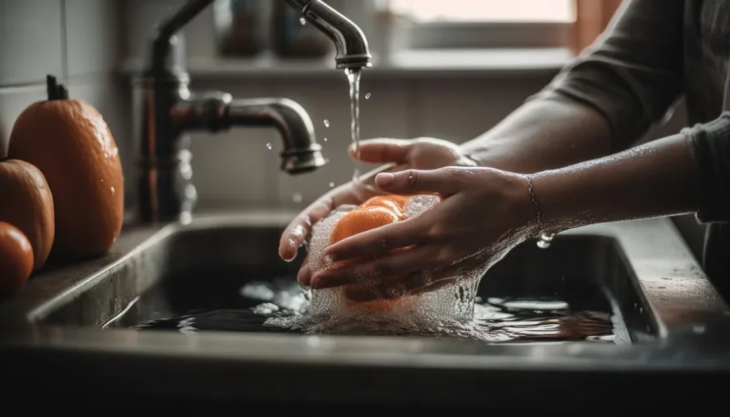 Woman washing food in sink for freshness generated by AI