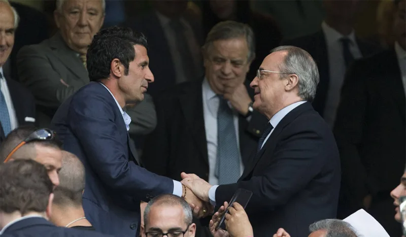 Luis Figo and Florentino Perez of Real Madrid during the match of La Liga between Real Madrid and Fu