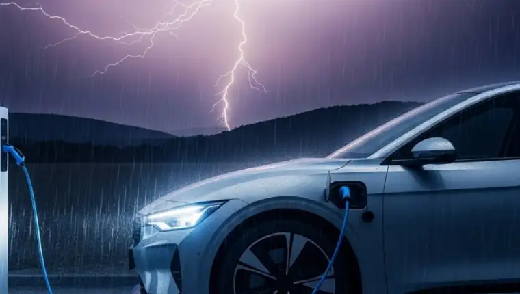punjenje električnog auta dok grmi i sijeva