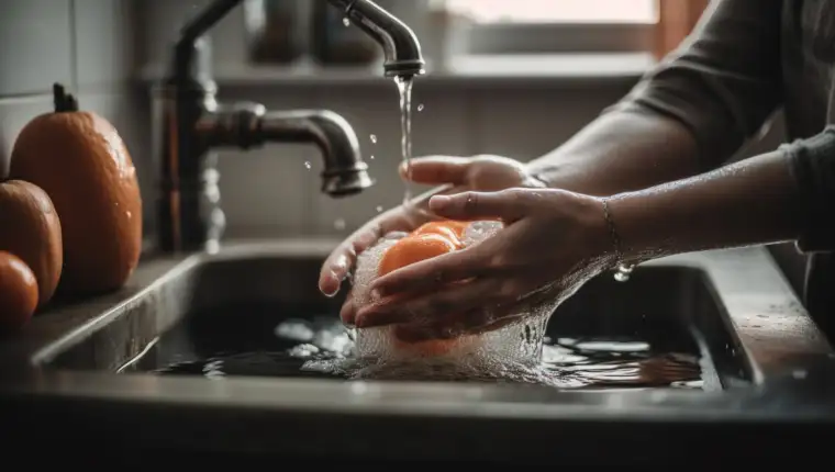 Woman washing food in sink for freshness generated by AI