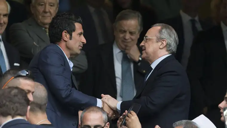 Luis Figo and Florentino Perez of Real Madrid during the match of La Liga between Real Madrid and Fu