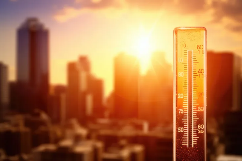 thermometer-background-city-setting-sun-thermometer-with-high-temperature-city-with-glowing-sun-background-ai-generated