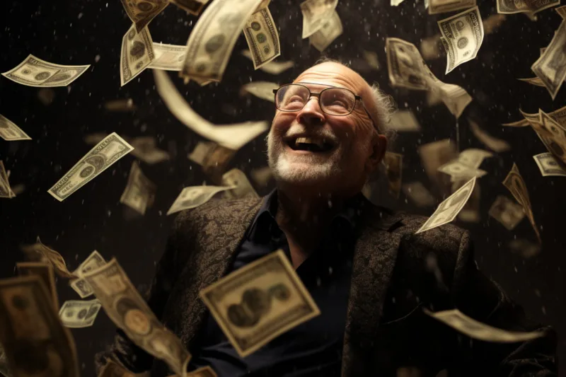 a happy old man with money flying in the air
