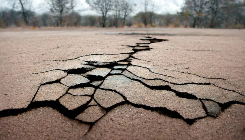 Ground cracks, breaks on land surface from earthquake.