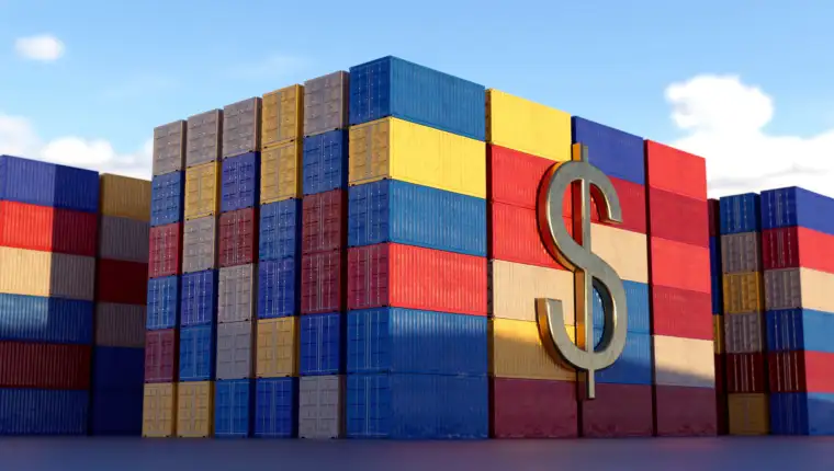 Valencia, Spain - March, 2025: USA trade war and international tariffs. Stacked shipping containers with a big dollar symbol. Global import export costs and economic policies