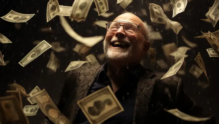 a happy old man with money flying in the air