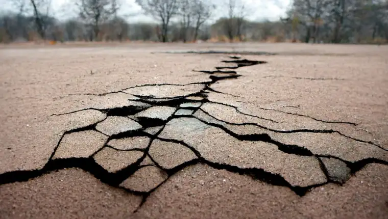 Ground cracks, breaks on land surface from earthquake.