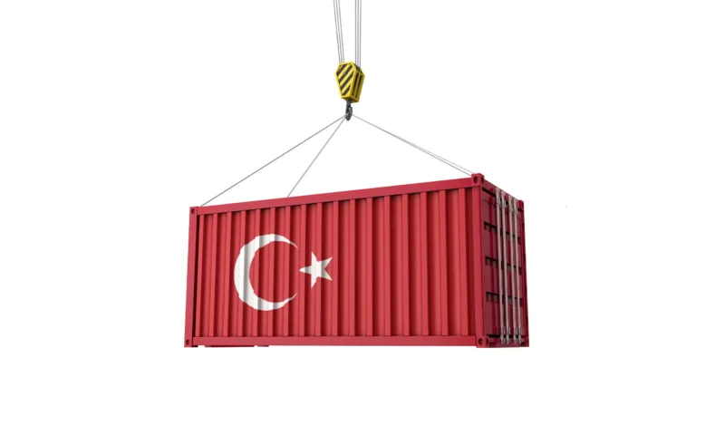 Turkey flag cargo trade container hanging from a crane. 3D Render