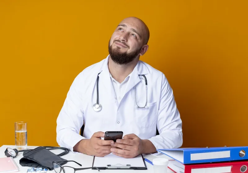 looking at up pleased young bald male doctor wearing medical robe and stethoscope sitting at work desk with medical tools holding phone isolated on orange background