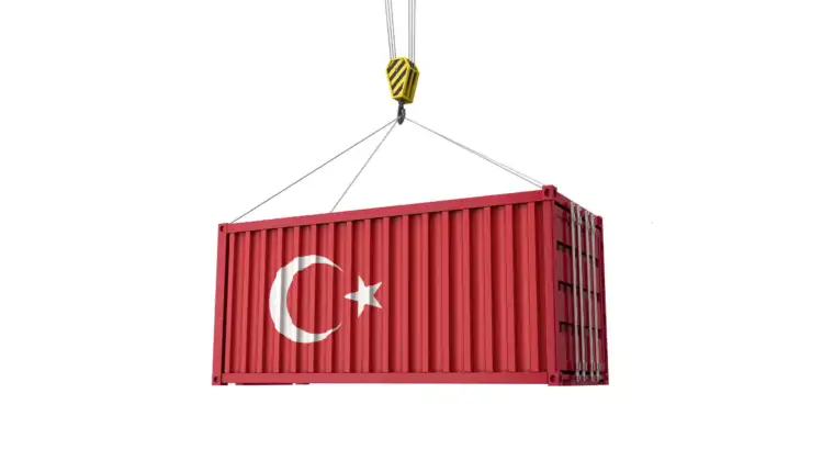 Turkey flag cargo trade container hanging from a crane. 3D Render