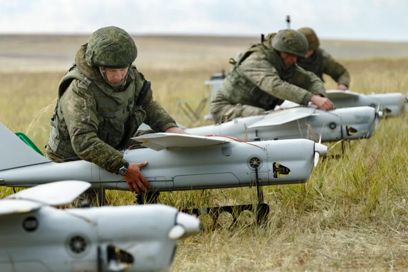 Russia. 13th Sep, 2018. TRANSBAIKAL TERRITORY, RUSSIA - SEPTEMBER 13, 2018: Orlan-10 unmanned aerial vehicles take part in the main stage of the Vostok 2018 military exercise held jointly by the Russian Armed Forces and the Chinese People's Liberatio