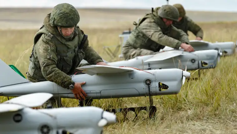 Russia. 13th Sep, 2018. TRANSBAIKAL TERRITORY, RUSSIA - SEPTEMBER 13, 2018: Orlan-10 unmanned aerial vehicles take part in the main stage of the Vostok 2018 military exercise held jointly by the Russian Armed Forces and the Chinese People's Liberatio