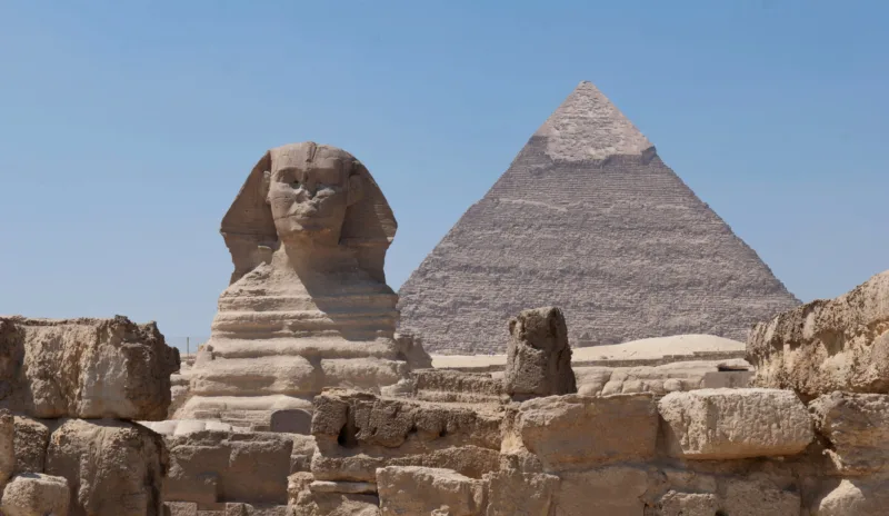 Sphinx pyramid khafre against blue sky