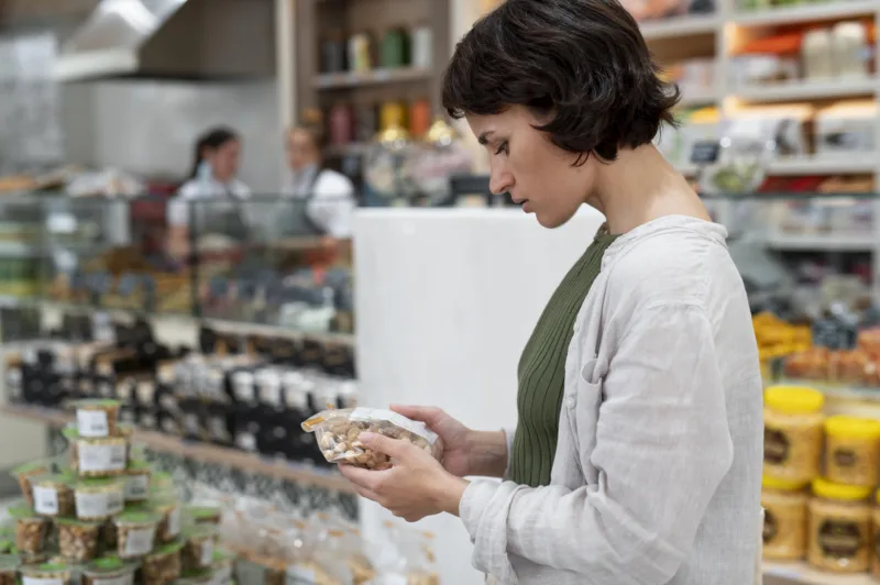 Woman looking different goodies local producer