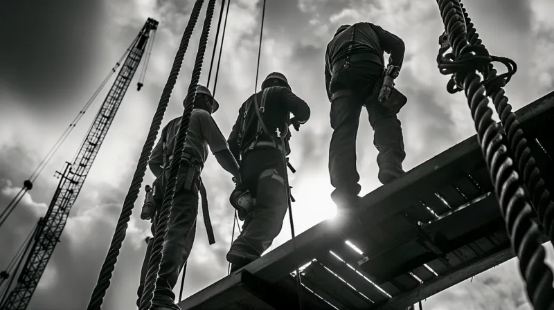 Monochrome scene depicting life workers construction industry site