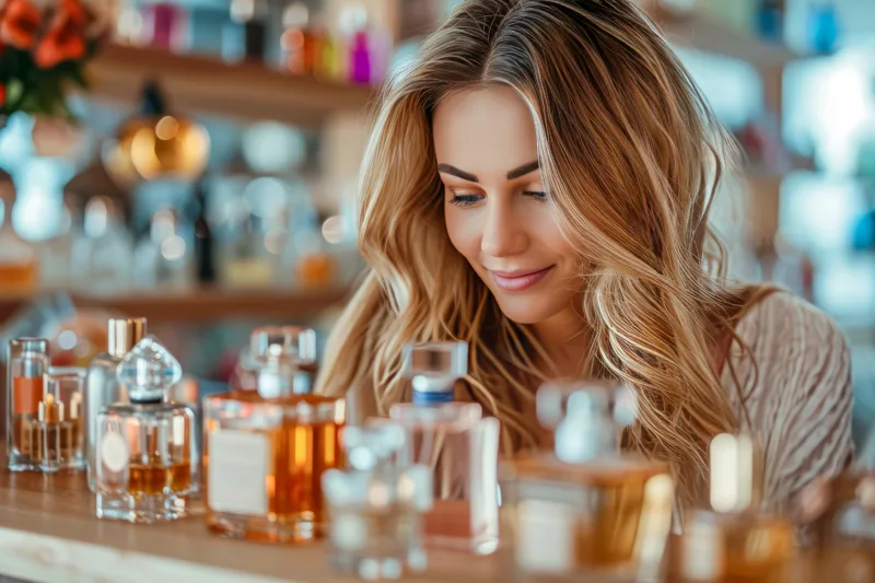 Contemplative woman amidst array perfumes