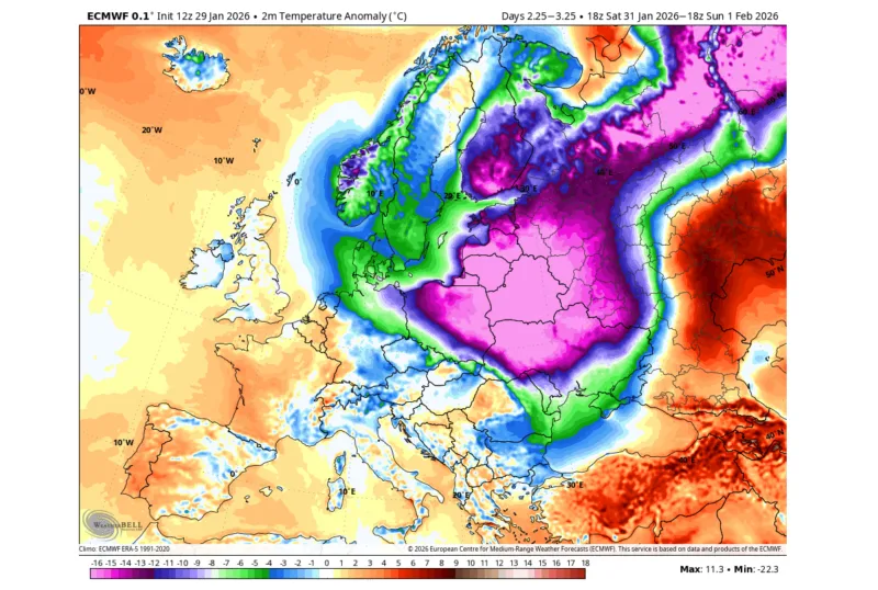 Winter early february 2026 temperature anomaly forecast europe polar vortex deep cold day 1 3