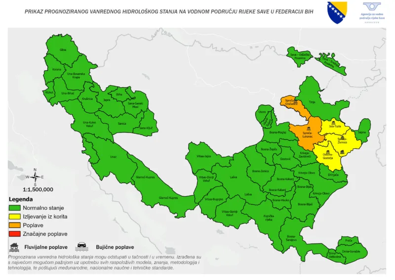 Karta koja prikazuje područje vanrednog hidrološkog stanja april 2026 21