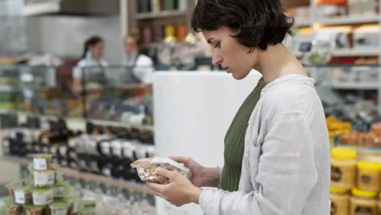 Woman looking different goodies local producer