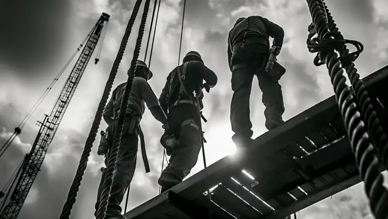 Monochrome scene depicting life workers construction industry site