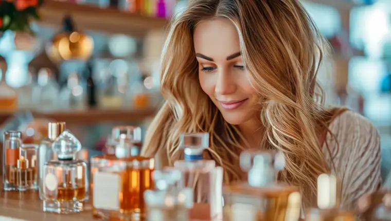 Contemplative woman amidst array perfumes