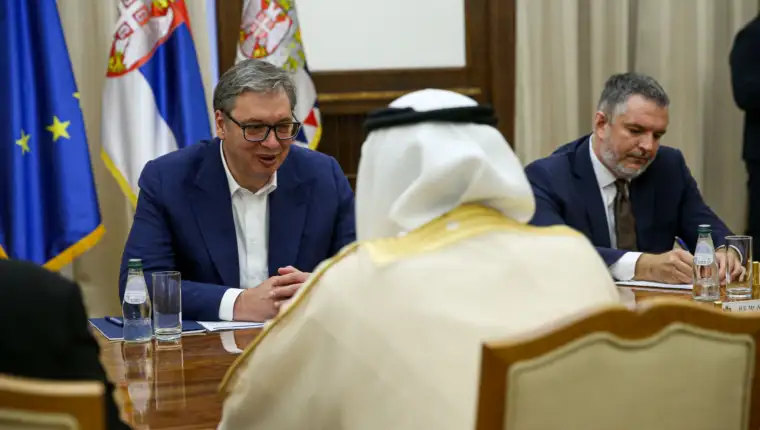 AA 20260602 41554925 41554924 PREDSEDNIK SRBIJE ALEKSANDAR VUCIC SASTAO SE SA PREDSEDNIKOM FEDERALNOG NACIONALNOG SAVETA UJEDINJENIH ARAPSKIH EMIRATA SAKROM GOBASEM