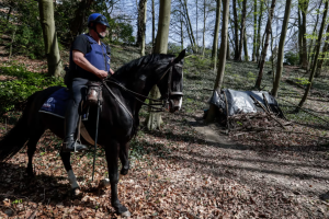 Policajac na konju ide kroz šumu gdje spavaju migranti u šatorima