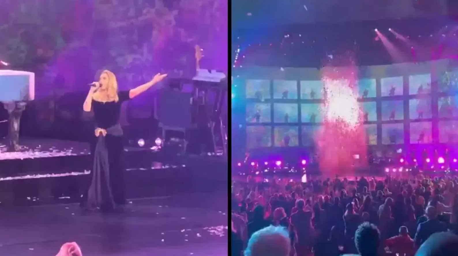 usporena snimka nestanka Adele Adele lijevo na bini pjeva u crnoj haljini desno ružičasti konfeti adele se ne vidi plava svjetlost na sceni