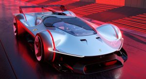 Ferrari proizveo bolid iz Gran Turisma bolid sivi na crvenoj podlozi izgleda futuristički kao iz filma orividni krov znak Ferrarija