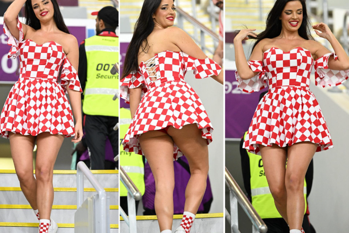 hrvatska navijačiva Ivana Knoll na tribinama stadiona u DOhi u crveno bijeloj kockastoj kratkoj haljini na nogama tene duga crna kosa smije se i pozira