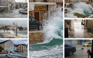 Haos u Hrvatskoj more se odjednom diglo pola metra more udara u stambene objekte uz obalu vidi se oluja oblačno nebo dan mozaik od 7 slika