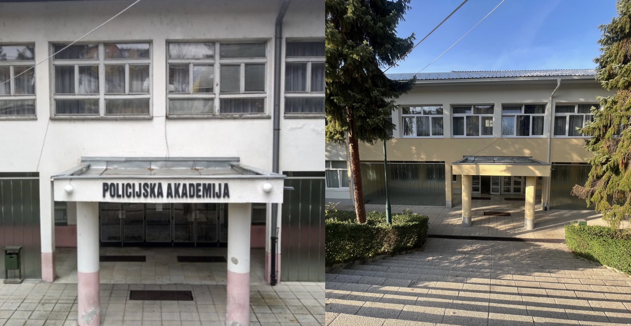 Policijskoj akademiji FMUP-a završeno utopljavanje zgrade u Sarajevu dvije fotografije zgrade Policijske akademije lijevo je kakva je nekad bilabijela stari prozori oštećena fasada a desno obnovljena nova žuta fasada na ulazu piše Policijska akademija