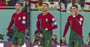 Ronaldo ponovo šokira Ronaldo u dresu Portugala crveno zelenom na tri slike gura ruku u gaće na terenu na prvoj na drugoj izvkači a na trećoj stavlja u usta nešto što je izvukao kapitenska traka iza publika stadion