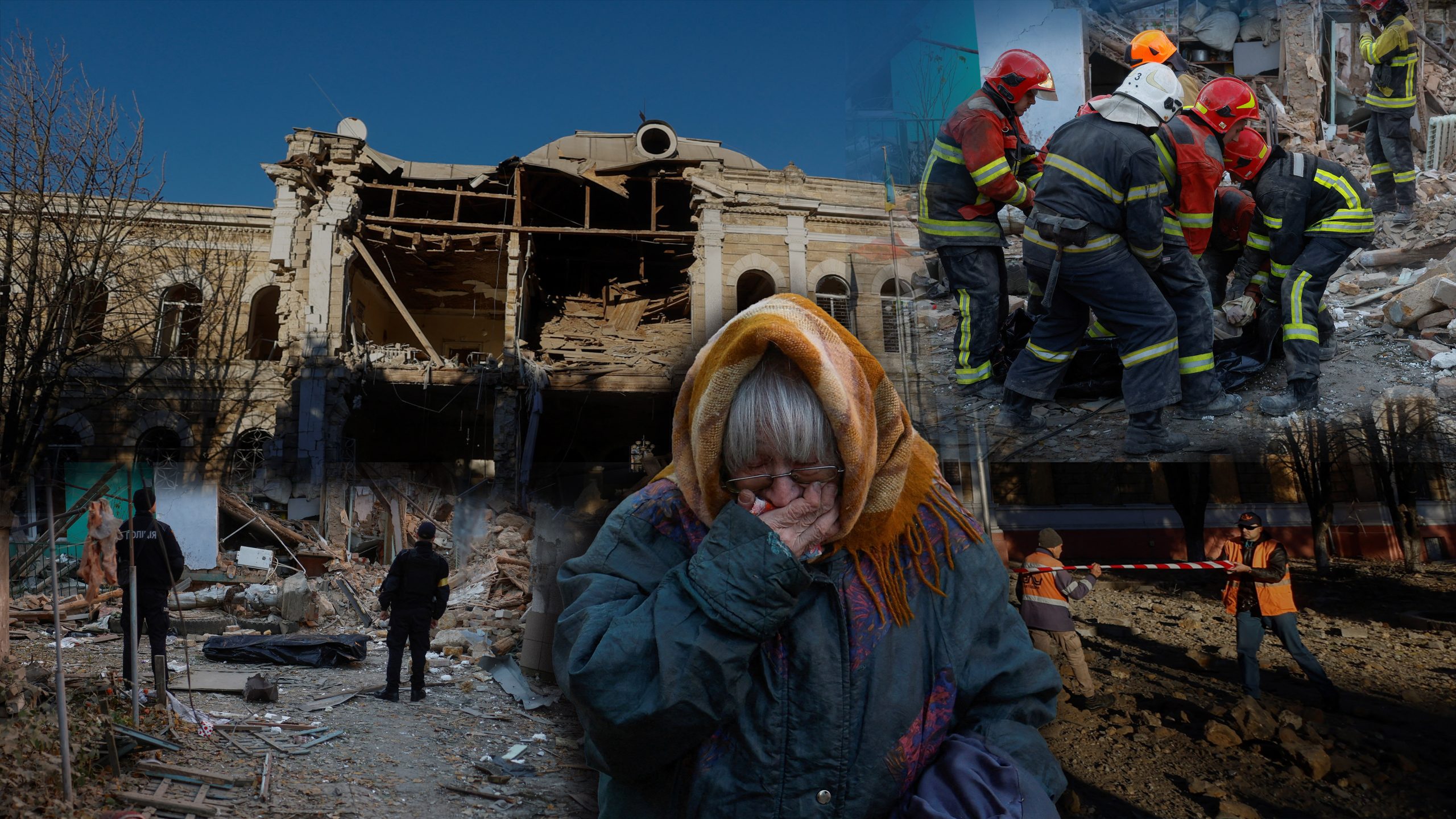 u paklu pod ruskim bombama razrušena zgrada u Ukrajini starica pokrivena maramom licem pokrila lice tužna zbog nesreće ljudi voze kolica ulicama kupe komade namješaja dnevna svjetlost ljudi se iseljavaju ulaze na kamione