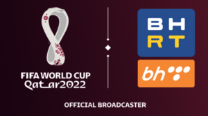 MY TV bordo podloga lijevo znak svjetskog prvenstva u fudbalu 2022 u kataru desno logotipovi BHRT i BH telecoma ispod piše na engleskom da su oni oficijenli nosilac prava prineosa utakmica SP