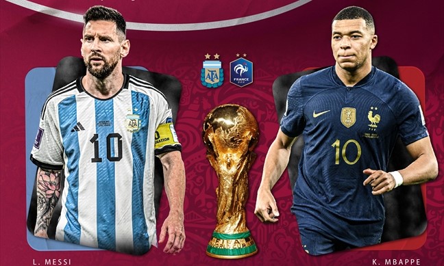 Večeras finale Svjetskog prvenstva Messi i Mbappe u dresovima nacionalnih reprezentacija plavobijeli i teget plavi pehar grafika sa grbovima