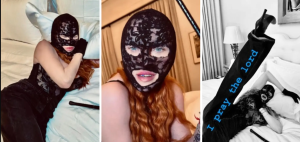Šta se dešava s Madonnom Madonna na tri slike na prvoj u crnom kombinezonu gole ruke na licu čipkasta maska leži na krevetu bijela posteljina na drugoj samo lice sa čipkastom maskom viri narandžasta kosa na trećoj leži u kožnim hlačama raširila noge