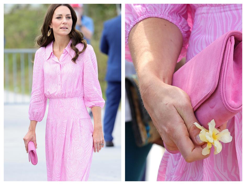 Kate Middleton u ružičastoj haljini duga smeđa kosa na slici desno drži ružičastu todbu sa žutim cvijetom dan