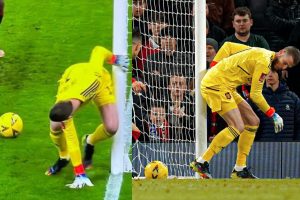 Manchester United sinoć je savladao Everton sa 3:1, ali utakmica će ostati upamćena po golu koji je primio David de Gea i propisno se obrukao De Gea u žutom dresu na dvije slike lopta iza njega ulazi u go publika gleda