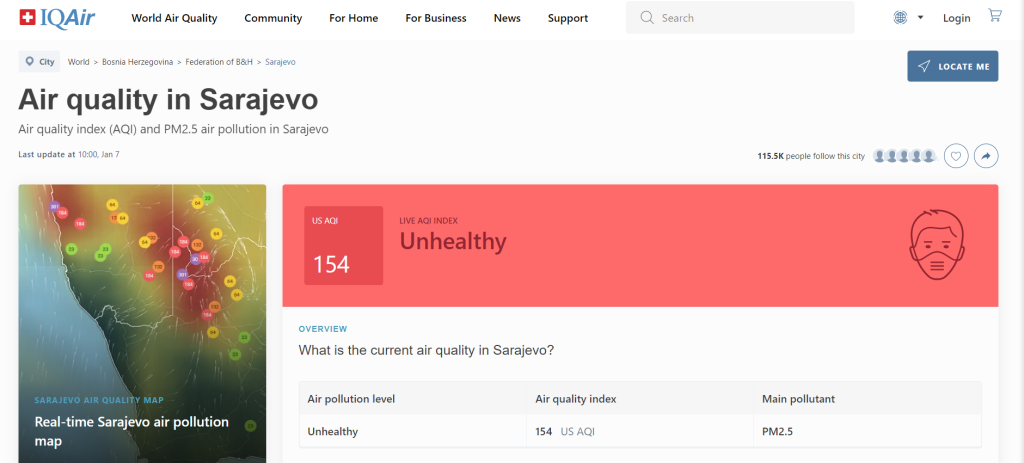Pakistanski Lahore i Delhi u Indiji u vrhu su najzagađenijih gradova u svijetu, a Sarajevo je najzagađeniji grad u regiji, prema IQAir slika indeksa zagađenosti zraka u Sarajevu