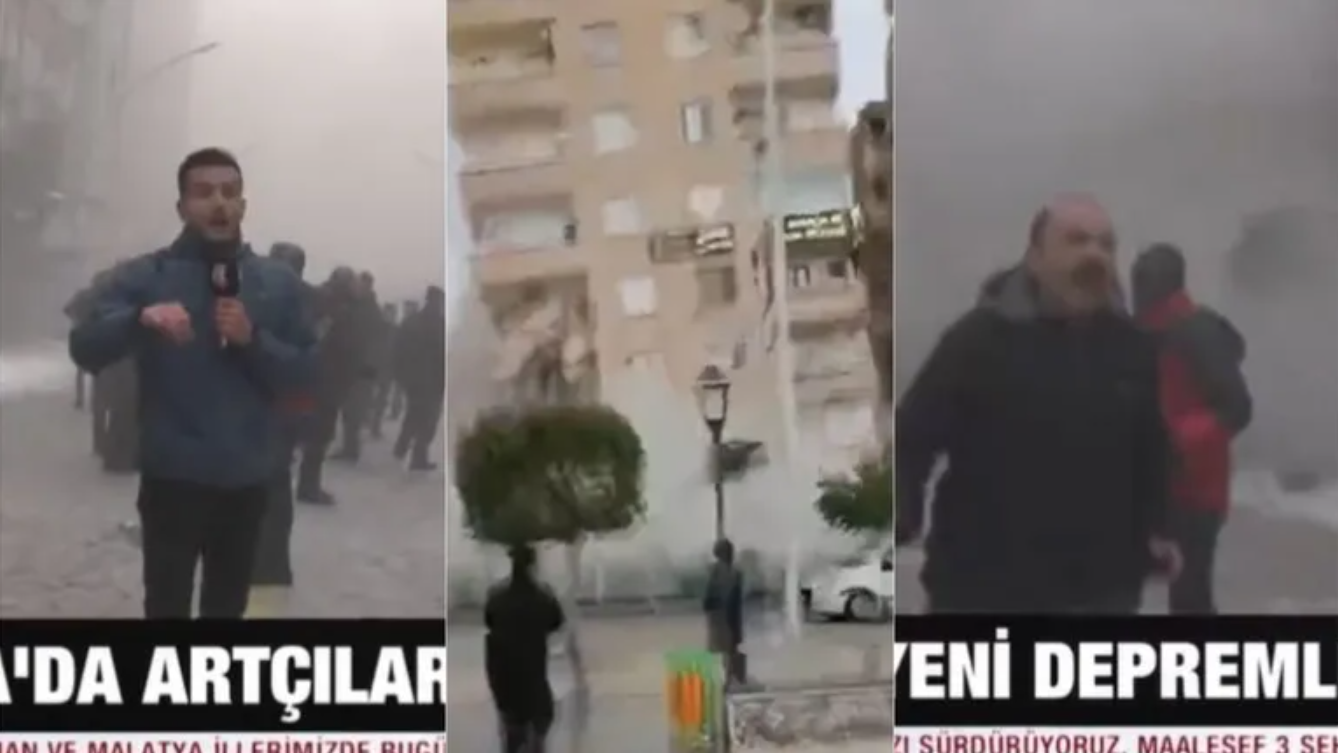 Na jednoj snimci reporter iz Turske se javljao uživo hodajući ulicom između blokova zgrada. Nakon toga se zgrada počinje urušavati