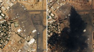 Dramatične slike prije i poslije pokazuju vatru i dim kako se šire sa aerodroma u glavnom gradu Sudana usred žestokih sukoba u zemlji.