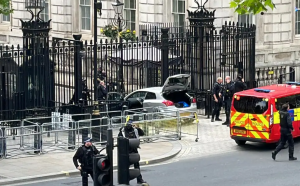 Jedan je muškarac uhapšen nakon što je automobilom udario u ogradu ispred Downing Streeta. Saopćeno je da su ga uhapsili naoružani policajci
